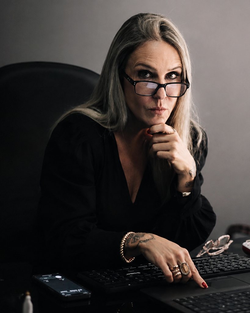 Dra. Marcela Noronha, advogada em Petrópolis, sentada à sua mesa de trabalho